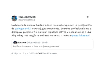La reacción de Nancy Pazos al nombramiento de su expareja Diego Santilli en la cartera nacional