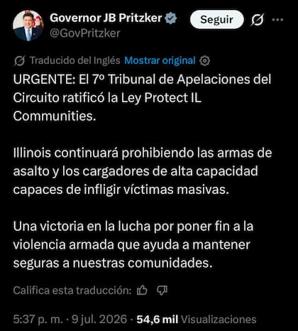 La reacción de Pritzker tras la ratificación del fallo en Illinois
