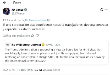 La reacción de Vance a las tarifas de más de US$100 mil a las visas H-1B