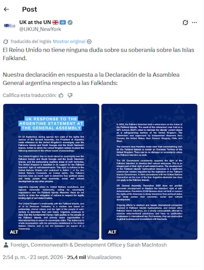 La reacción del Reino Unido al discurso de Milei sobre Malvinas ante la ONU