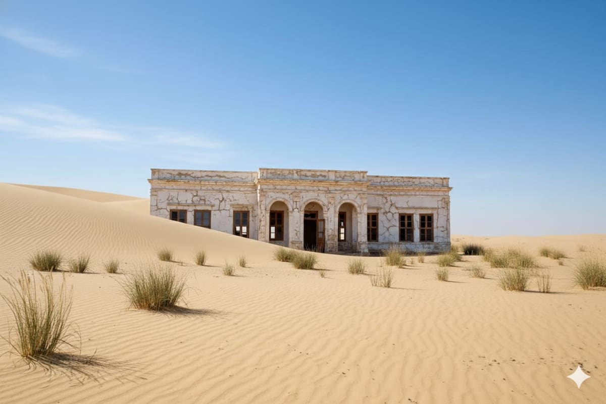 La recreación digital muestra cómo lucía la fachada de la construcción original antes de quedar sepultada por el avance de las dunas