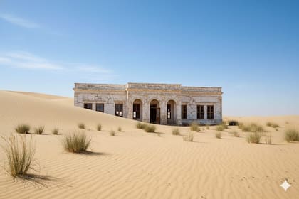 La recreación digital muestra cómo lucía la fachada de la construcción original antes de quedar sepultada por el avance de las dunas