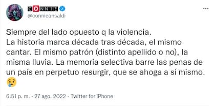 La reflexión de Connie Ansaldi: "Siempre del lado opuesto que la violencia" (Foto: Captura de Twitter)