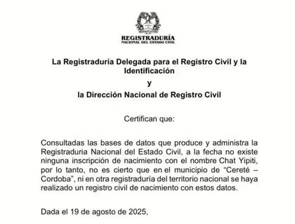 La Registraduría aclaró si hay un bebé que se llame ‘Chat Yipiti’.