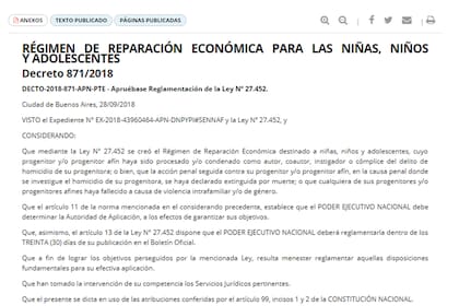 La reglamentación tiene fecha del sábado; la autoridad de aplicación es la Secretaría de la Niñez