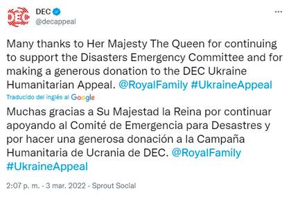 La reina Isabel II hizo una "generosa donación" para apoyar al pueblo de Ucrania, según confirmó el Comité de Emergencia de Desastres. (Foto: Twitter)