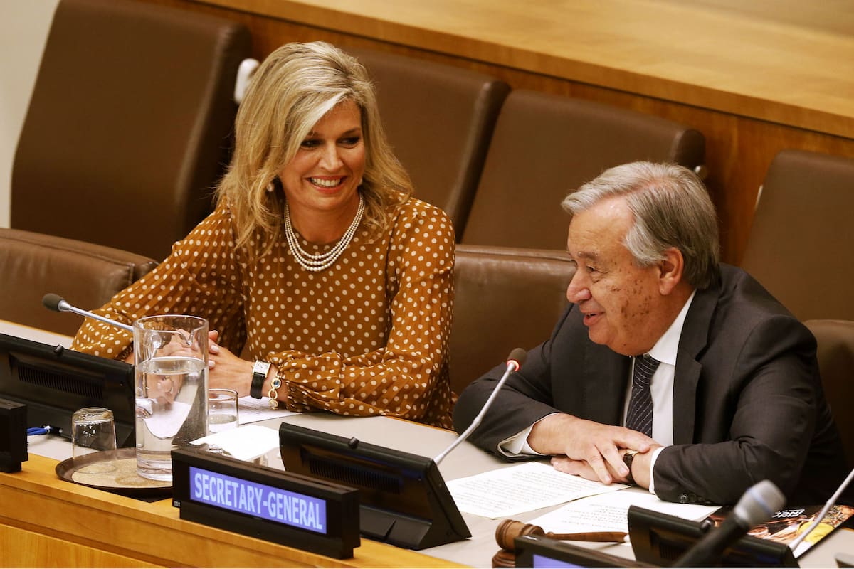 La reina Máxima, con el secretario general de la ONU, Antonio Guterres, en Nueva York