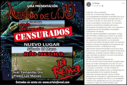 La Renga denunció discriminación y censura por parte de la Municipalidad de Neuquén (Foto: Facebook)