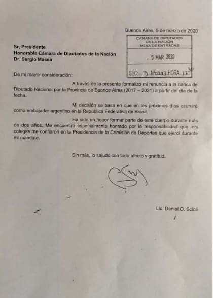 La renuncia de Daniel Scioli a su banca en la Cámara de Diputados