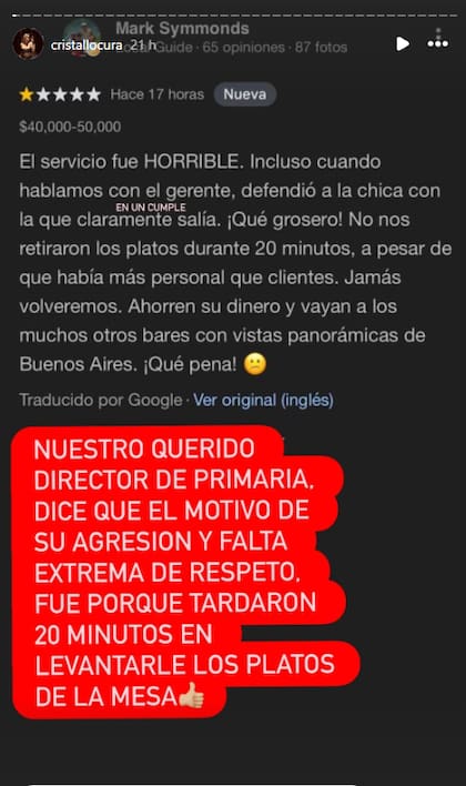 La reseña del establecimiento que habría dejado el acusado