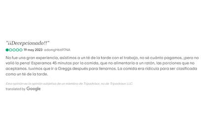 La reseña del usuario sobre el restaurante