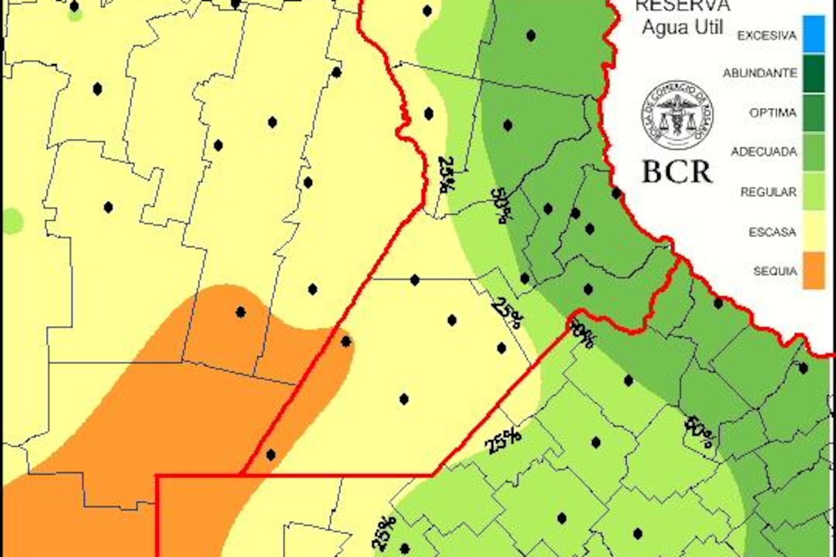 La reserva de agua útil en la zona agrícola núcleo para la siembra, medida en porcentaje. Los colores amarillo a naranja indican déficit