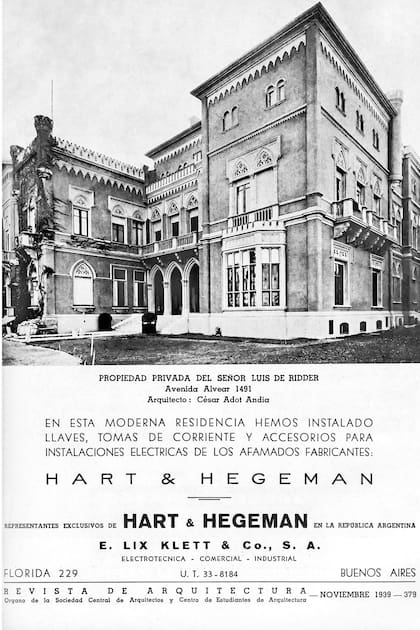 La residencia luego de la ampliación, en 1939, en una publicidad de instalaciones eléctricas.