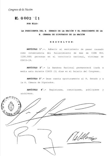 La resolución conjunta que firmaron Cristina Kirchner y Massa.