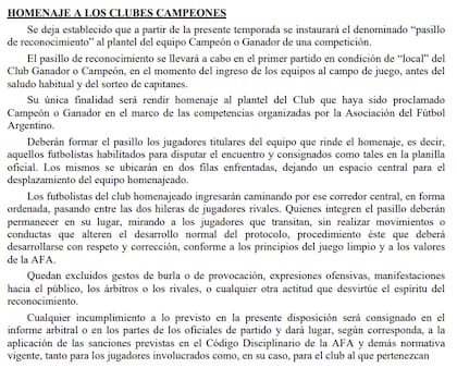 La resolución de AFA en la que se explica cómo se debe realizar el "pasillo de reconocimiento" a los campeones, documento sospechado de haber sido creado después del hecho del domingo.