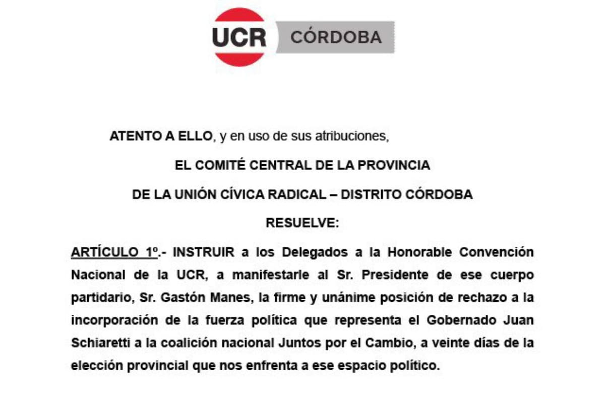 La resolución de la UCR de Córdoba rechaza de manera contundente la incorporación de Juan Schiaretti a Juntos por el Cambio