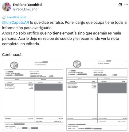 La respuesta de Emiliano Yacobitti a las acusaciones de Luis Caputo (X: @Yaco_Emiliano)