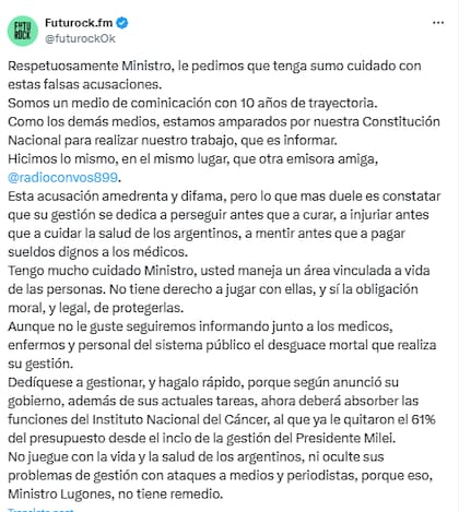 La respuesta de Futurock al ministro de Salud en X (@futurockOk)