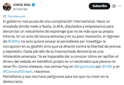 La respuesta de Jorge Rial, tras las acusaciones del Gobierno (X: @rialjorge)