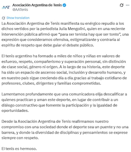 La respuesta de la Asociación Argentina de Tenis sobre los dichos de Julia Mengolini (X: @AATenis)