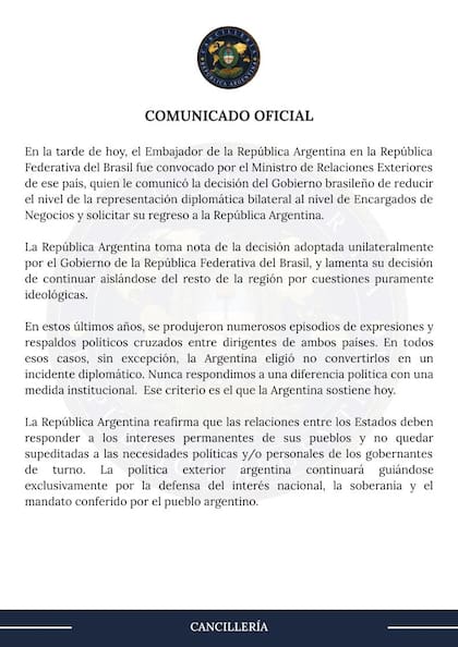 La respuesta de la Cancillería argentina tras la decisión de Brasil de no reponer a su embajador y rebajar la relación con diplomática