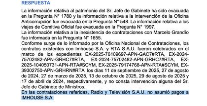 La respuesta de la Jefatura de Gabinete a la pregunta 1080.