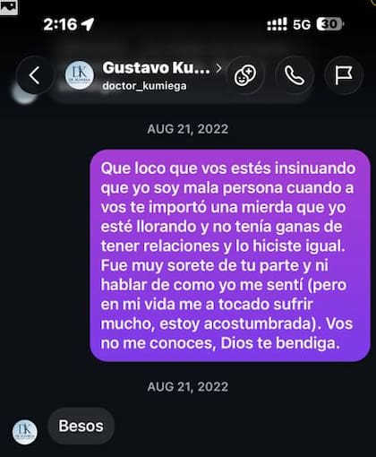 La respuesta de la mujer que denunció al ginecólogo chaqueño luego de que él le comentara una publicación en Instagram tras el encuentro en la casa.