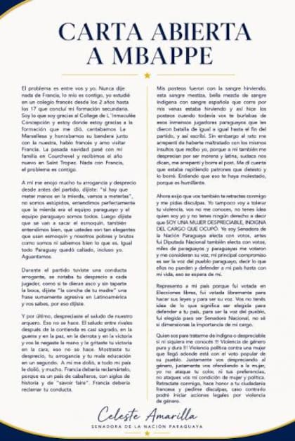 La respuesta de la senadora paraguaya a Mbappé.