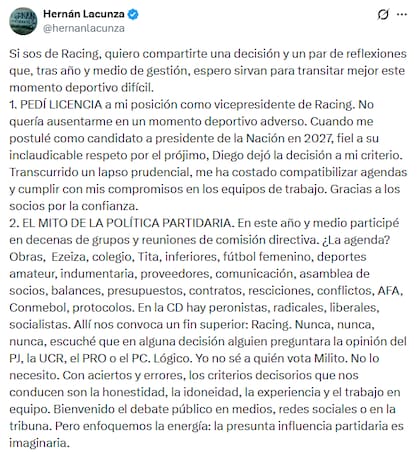 La respuesta de Lacunza al posteo de Racing