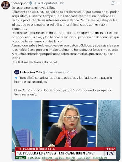 La respuesta de Luis Caputo a Elisa Carrió (Fuente: X @LuisCaputoAR)