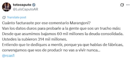 La respuesta de Luis Caputo a Gustavo Marangoni (X: @LuisCaputoAR)