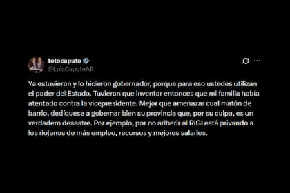 La respuesta de Luis Caputo a la advertencia del gobernador riojano Ricardo Quintela
