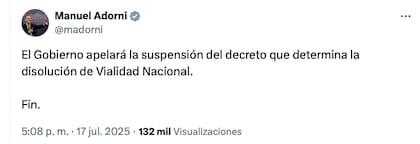 La respuesta de Manuel Adorni a la justicia en la red social X