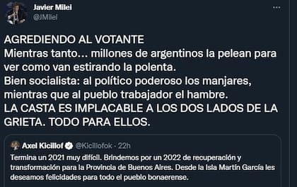 La respuesta de Milei a la publicación de Kicillof.