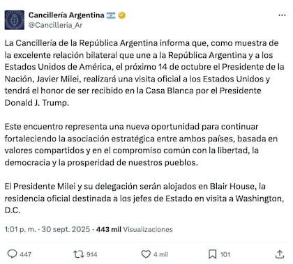 La reunión entre Javier Milei y Donald Trump será el próximo martes 14 de octubre