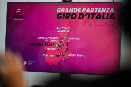 La ruta del Giro de Italia de 2024 es presentada durante una rueda de prensa en Turín, el lunes 9 de octubre de 2024. (Fabio Ferrari/LaPresse vía AP)