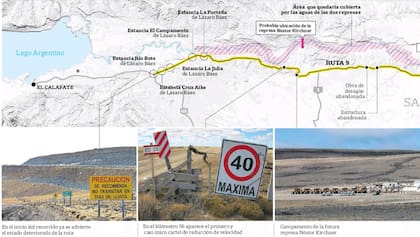 La ruta provincial 9 y el área de futura inundación del valle del río Santa Cruz donde se construyen las Represas Hidroeléctricas