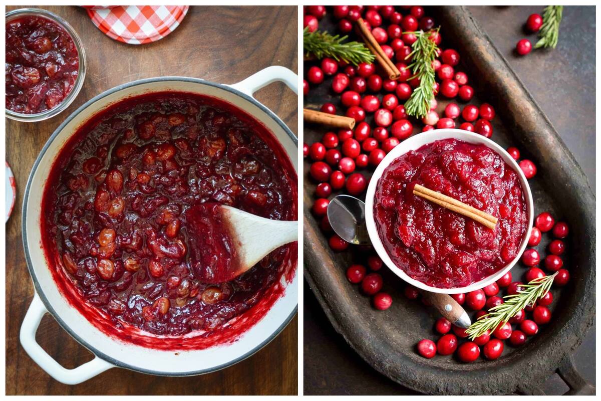 La salsa de arándanos es una tradición que suele acompañar al pavo, mientras que el chutney de arándanos, de origen indio, se adaptó en Estados Unidos al incorporar frutas locales