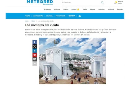 La sección con las denominaciones de los vientos en Meteored