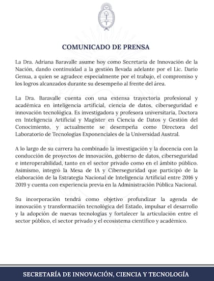La secretaría de Innovación, Ciencia y Tecnología agradeció a Darío Genua por su compromiso y destacó la trayectoria de Baravalle