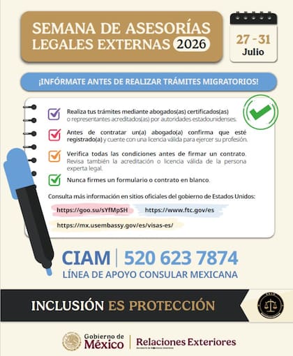 La Secretaría de Relaciones Exteriores de México coordinó una jornada de asesorías legales externas en la última semana de julio