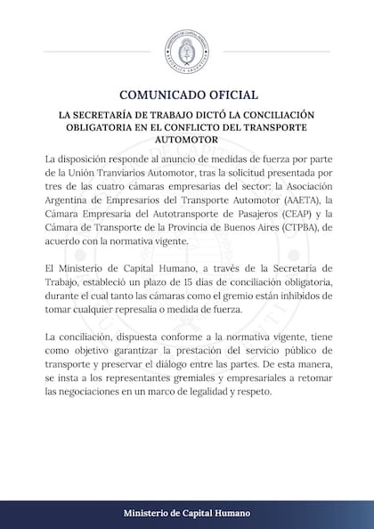 La Secretaría de Trabajo dictó la conciliación obligatoria en el conflicto del transporte automotor