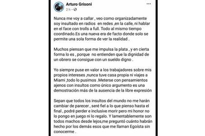 La segunda publicación de Arturo Grisoni, dueño de la fábrica de alfajores El Nazareno antes de cerrar su cuenta en la red social