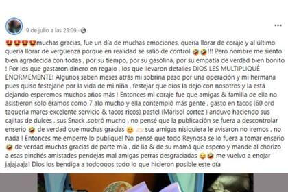 La segunda publicación de la usuaria en agradecimiento a quienes fueron al cumpleaños de su sobrina
