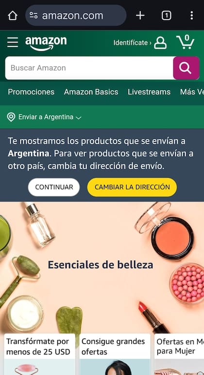 La selección de Argentina como destino se hace en el botón que está abajo de la caja de búsqueda