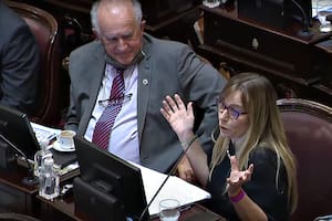La senadora Juliana Di Tullio, en la sesión sobre Bienes Personales; a su lado, Oscar Parrilli