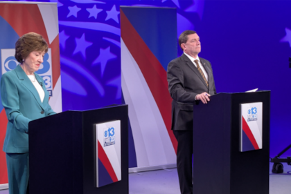 La senadora republicana Susan Collins, que busca su reelección, en el debate esta semana con el candidato demócrata, Troy Jackson.