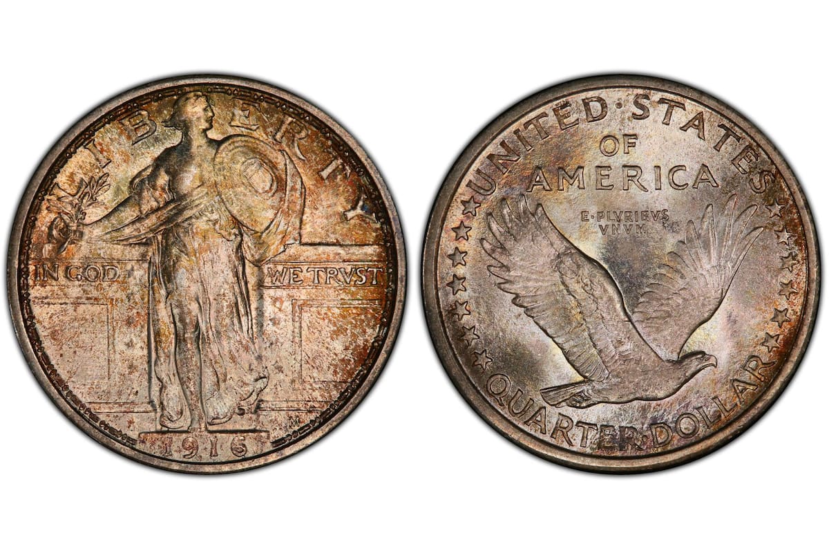 La serie de monedas de 25 centavos conocidas como "Standing Liberty" fueron acuñadas entre 1916 y 1930