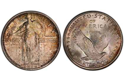 La serie de monedas de 25 centavos conocidas como "Standing Liberty" fueron acuñadas entre 1916 y 1930