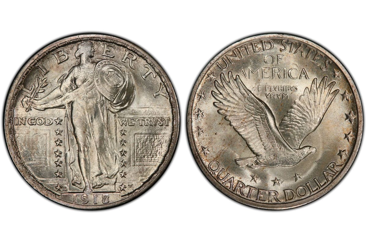 La serie de monedas de 25 centavos conocidas como "Standing Liberty" fueron acuñadas entre 1916 y 1930